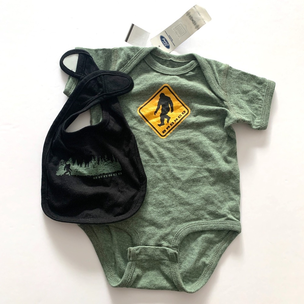 Ford Bronco Infant Sasquatch Bodysuit & Bib‎ Set Green & Black Big Foot Sz 12M